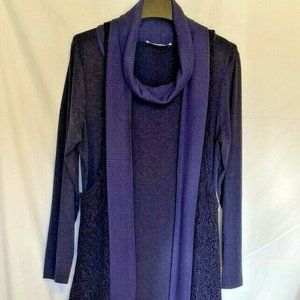 LA FIERA ~ Blue Cotton Blend Long Sleeve Dress w/Crochet Vest ~ Sz.48(14US)